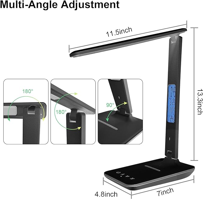 Desk Lamp with Wireless Charger, USB Charging Port, Dimmable Office Desk Light with Clock, Alarm, Date, Temperature, Foldable Lamp for Table Bedroom Bedside Office (Black) - LeafyLoom