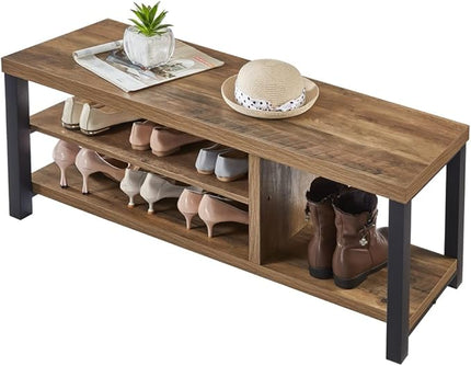 FOLUBAN Industrial Entryway Bench, Rustic Wood and Metal Shoe Storage Bench Seat for Living Room, Oak - LeafyLoom