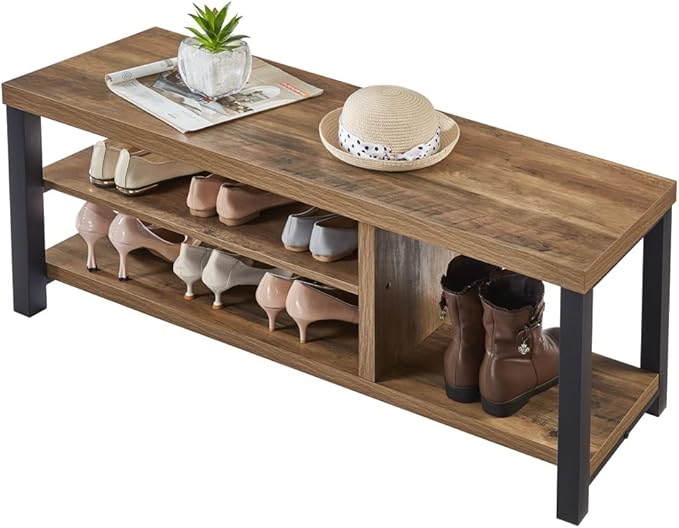 FOLUBAN Industrial Entryway Bench, Rustic Wood and Metal Shoe Storage Bench Seat for Living Room, Oak - LeafyLoom