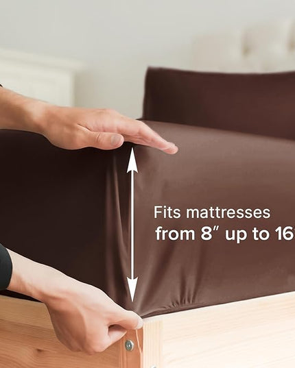 Cal King Size 4 Piece Sheet Set - Comfy Breathable & Cooling Sheets - Hotel Luxury Bed Sheets for Women & Men - Deep Pockets, Easy-Fit, Extra Soft & Wrinkle Free Sheets - Brown Oeko-Tex Bed Sheet Set - LeafyLoom