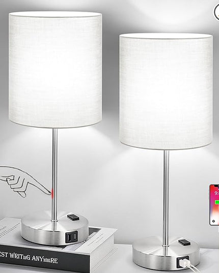 𝟮𝟬𝟮𝟯 𝗡𝗘𝗪 Set of 2 Touch Grey Table Lamps with 2 USB Ports & AC Outlet, 3-Way Dimmable Bedside Nightstand Lamps for Bedroom Living Room Nursery, 800 Lumens 5000K Daylight Bulbs Included - LeafyLoom