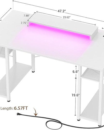 armocity Computer Desk with LED Lights, 48 Inch Reversible Large Desk with Power Outlet and USB, 48'' Gaming PC Table with Moveable Monitor Stand for Home Office, Workstation, White - LeafyLoom