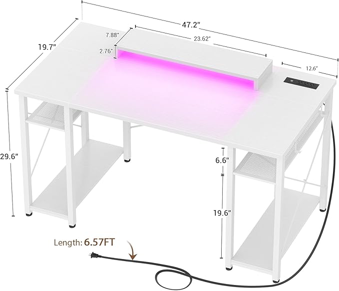 armocity Computer Desk with LED Lights, 48 Inch Reversible Large Desk with Power Outlet and USB, 48'' Gaming PC Table with Moveable Monitor Stand for Home Office, Workstation, White - LeafyLoom