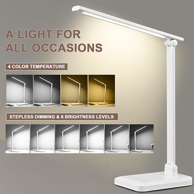 LED Desk Lamp with USB Charging Port Whole White for Home Office Essentials Table Lamp with Eye-Caring 4 Color Temperature Touch Control Stepless Dimming Desk Light for College Dorm - LeafyLoom