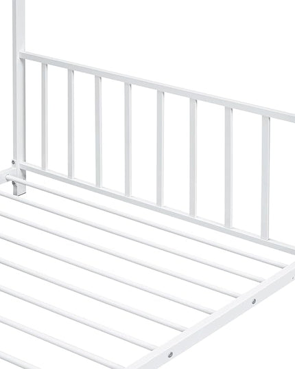 Twin Size Kids Montessori Floor Bed,House Bed Frame with High Headboard,Twin Floor Bed with Roof for Boys Girls,Floor Bed Metal Frame (White) - LeafyLoom