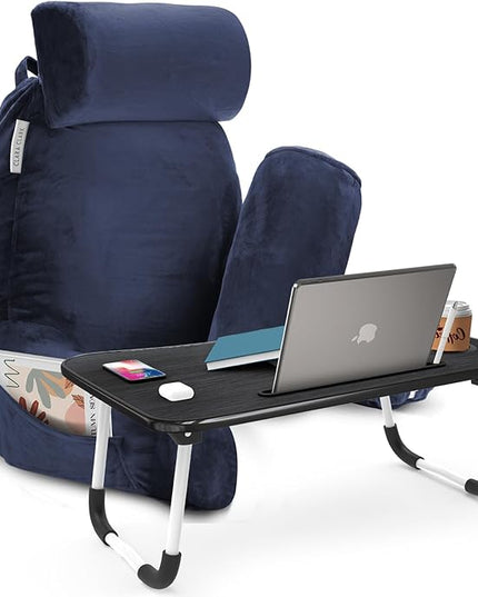 Clara Clark Reading Pillow with Portable Lap Desk for laptop Set, Back Pillow for Sitting Up in Bed, Memory Foam Back Support Pillow, Bed Rest Pillow with Foldable Laptop Desk, Large - Navy Blue - LeafyLoom