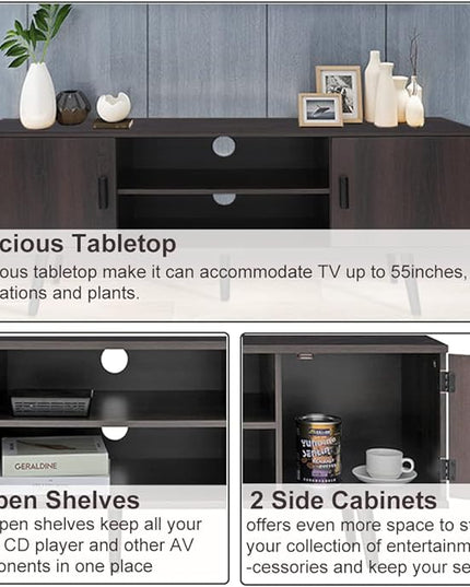 Iwell TV Stand for 55 inch TV, Mid Century Modern TV Stand with Storage, Entertainment Center with 2 Cabinet & 2 Shelves, Retro TV Console Table for Living Room, Bedroom, Black Oak - LeafyLoom
