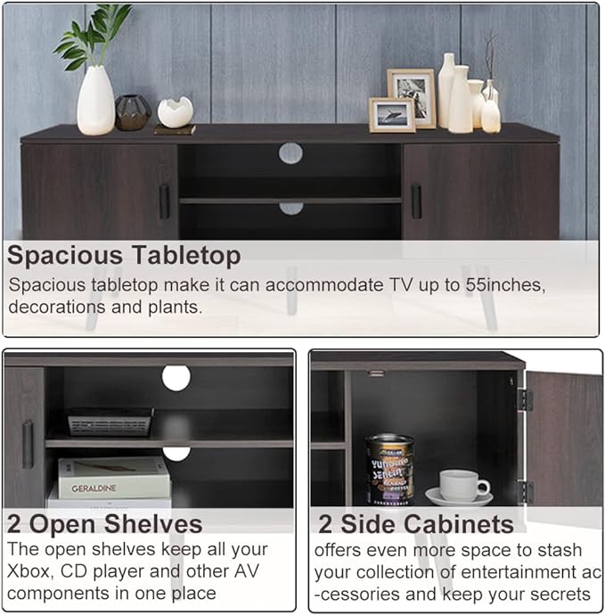 Iwell TV Stand for 55 inch TV, Mid Century Modern TV Stand with Storage, Entertainment Center with 2 Cabinet & 2 Shelves, Retro TV Console Table for Living Room, Bedroom, Black Oak - LeafyLoom