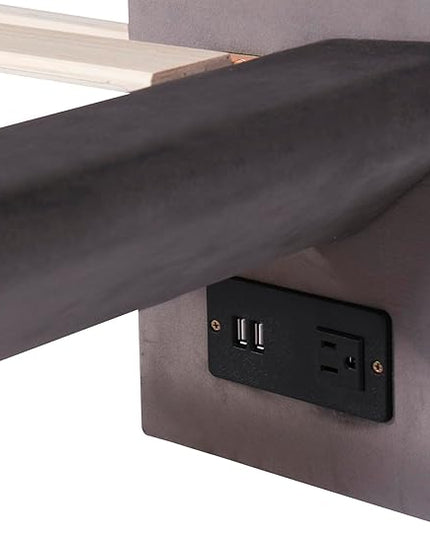 Queen Size Velvet Upholstered Platform Bed with Sensor Light and 2 Large Backrests,Wood Floating Bed Frame w/Two sets of USB Port & Sockets,Multi-Function,for Kids Teeens Adults,Gray - LeafyLoom