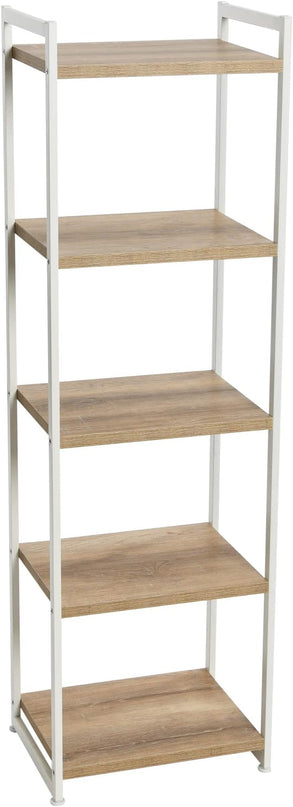 Household Essentials Jamestown Narrow 5 Shelf Open Storage Bookshelf Coastal Oak Rustic Wood Grain and White Metal - LeafyLoom