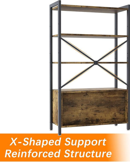 Storage Cabinet with 3 Open Shelves, 1 Cupboard Large Kitchen Industrial Display Standing Shelf, Rustic Brown Wooden and Metal FrameShelf for Living Room, Bedroom, Home Office Organizer - LeafyLoom
