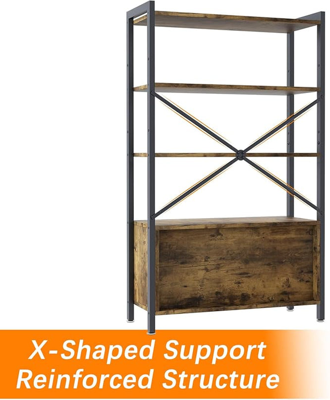 Storage Cabinet with 3 Open Shelves, 1 Cupboard Large Kitchen Industrial Display Standing Shelf, Rustic Brown Wooden and Metal FrameShelf for Living Room, Bedroom, Home Office Organizer - LeafyLoom