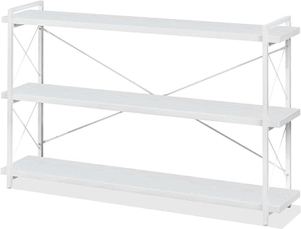 HCHQHS Bookshelf, 3-Tier Long Industrial Bookcase, White Open Book Shelf, Freestanding Horizontal Bookshelves with Metal Frame - LeafyLoom
