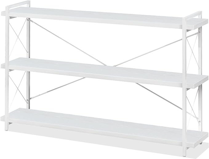 HCHQHS Bookshelf, 3-Tier Long Industrial Bookcase, White Open Book Shelf, Freestanding Horizontal Bookshelves with Metal Frame - LeafyLoom