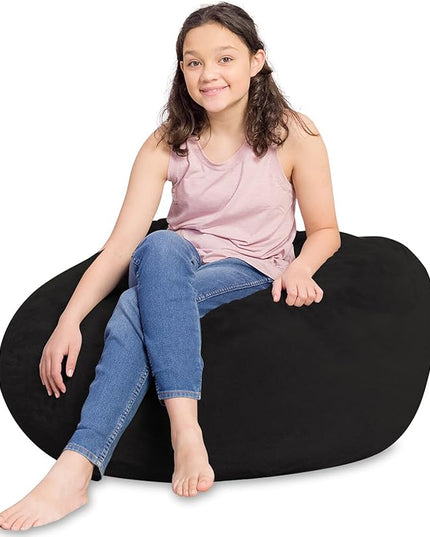 Posh Creations Bean Bag Chair for Kids, Teens, and Adults Includes Removable and Machine Washable Cover, Soft Faux Rabbit Fur - Black, 38in - Large - LeafyLoom