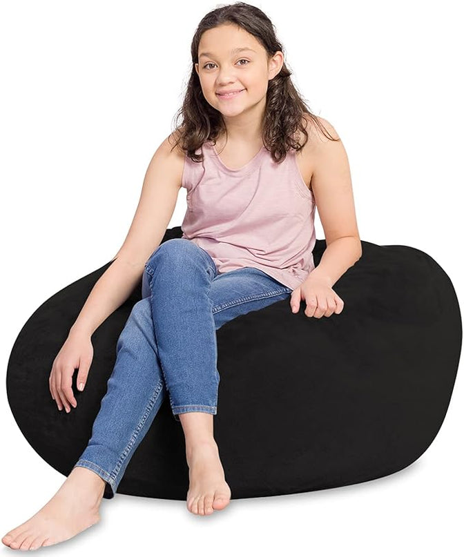 Posh Creations Bean Bag Chair for Kids, Teens, and Adults Includes Removable and Machine Washable Cover, Soft Faux Rabbit Fur - Black, 38in - Large - LeafyLoom