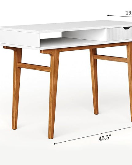 White Computer Desk with Drawers - 45 inch Minimalist Small Solid Wood Mid-Century Modern Office Desk for Home - Boho Style Writing Table with Open Storage,Light Wooden Desk Workspace - LeafyLoom
