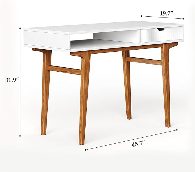 White Computer Desk with Drawers - 45 inch Minimalist Small Solid Wood Mid-Century Modern Office Desk for Home - Boho Style Writing Table with Open Storage,Light Wooden Desk Workspace - LeafyLoom