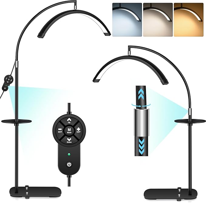 Flyhare Lash Light Led Floor Lamp for Eyelash Extensions - Half Moon Lash Tech Light with Storage Tray - Adjustable Brightness & Height - Ideal for Tattoo Artists Nail Lash Tech - LeafyLoom