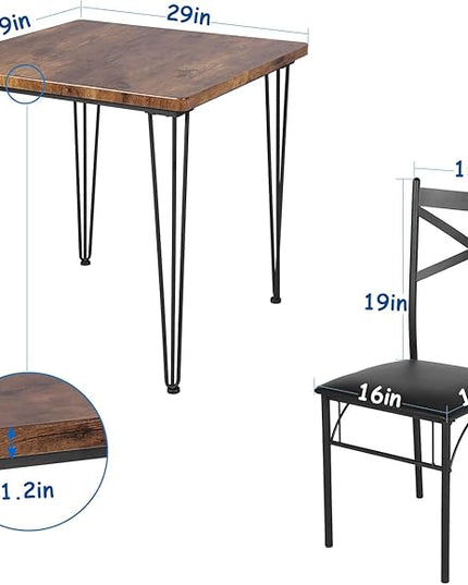 VECELO 3 Piece Kitchen Room Chairs Set for Dinette, Breakfast Nook, Farmhouse, Small Space, Modern Industrial Style, Dining Table for 2, Vintage Brown - LeafyLoom