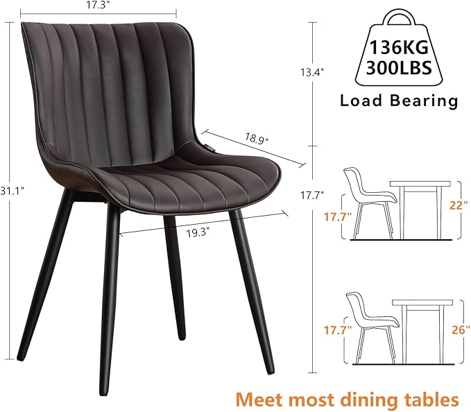 YOUNIKE Dining Chairs Set of 2 Leather Kitchen Chair with Metal Legs Armless Accent Chair Upholstered Dining Room Chairs with Back Mid Century Modern Vanity Chair Side Chairs, Espresso Brown - LeafyLoom