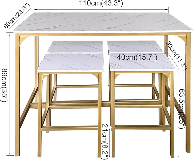 AT-VALY 5-Piece Bar Table Set with 4 Stools,Dining Room Table Set,Small Spaces (Gold & White) - LeafyLoom