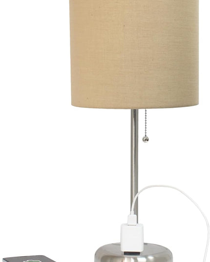 Simple Designs LT1144-TAN Sleek and Slender Brushed Steel Table Lamp with Charging Outlet, for Bedroom, Living Room, Entryway, Office, Dining Room, Study, Tan Shade - LeafyLoom