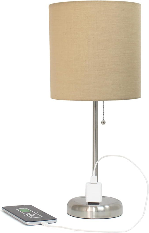 Simple Designs LT1144-TAN Sleek and Slender Brushed Steel Table Lamp with Charging Outlet, for Bedroom, Living Room, Entryway, Office, Dining Room, Study, Tan Shade - LeafyLoom