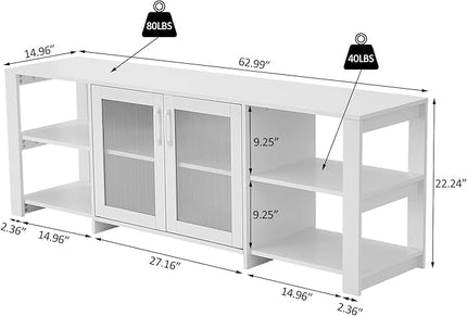 Panana TV Stand Television Stands Cabinet with 2 Doors 4 Open Cubby Storage Cabinets for Living Room Bedroom for TVs up to 70 Inches (White, 62.99 inch) - LeafyLoom