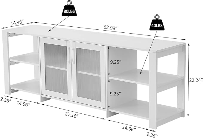 Panana TV Stand Television Stands Cabinet with 2 Doors 4 Open Cubby Storage Cabinets for Living Room Bedroom for TVs up to 70 Inches (White, 62.99 inch) - LeafyLoom