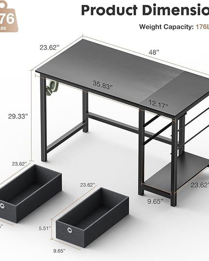Sweetcrispy Computer Desk with Drawers 48 Inch Office Writing Work Kids Study 2-Tier Wood Corner Table with Storage Drawers Shelf for Bedroom Home Office - Black - LeafyLoom