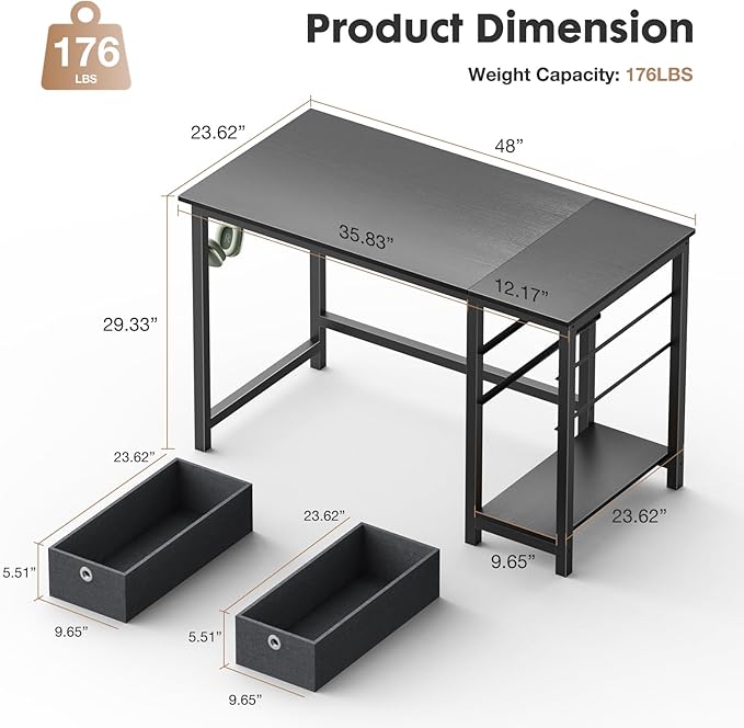 Sweetcrispy Computer Desk with Drawers 48 Inch Office Writing Work Kids Study 2-Tier Wood Corner Table with Storage Drawers Shelf for Bedroom Home Office - Black - LeafyLoom