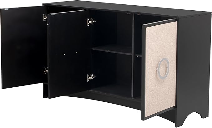 58.2“ Curved Design Storage Cabinet with Linen Material and Metal Round Handle Door,Wooden Console Table,W/Adjustable Shelves,Suitable for Corridors,Entrances,Living Rooms,Study,Beige - LeafyLoom