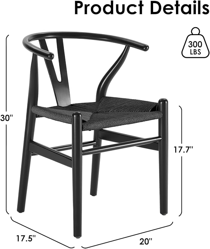 Farini Wishbone Chairs for Dining Room Solid Wood Rattan Chair Armchairs Y Shaped Backrest Hemp Seat for Home Restaurant Fully-Assembled(Set of 2,Black-Black Seat) - LeafyLoom
