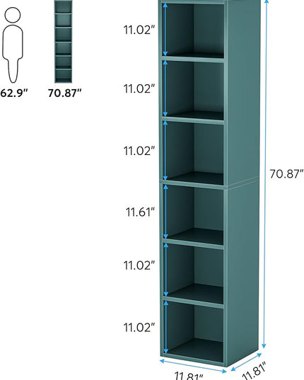 70.9 Inch Tall Narrow Bookcase, Corner Bookshelf 6 Tier Cube Display Shelf Storage Organizer for Small Space, Blue - LeafyLoom