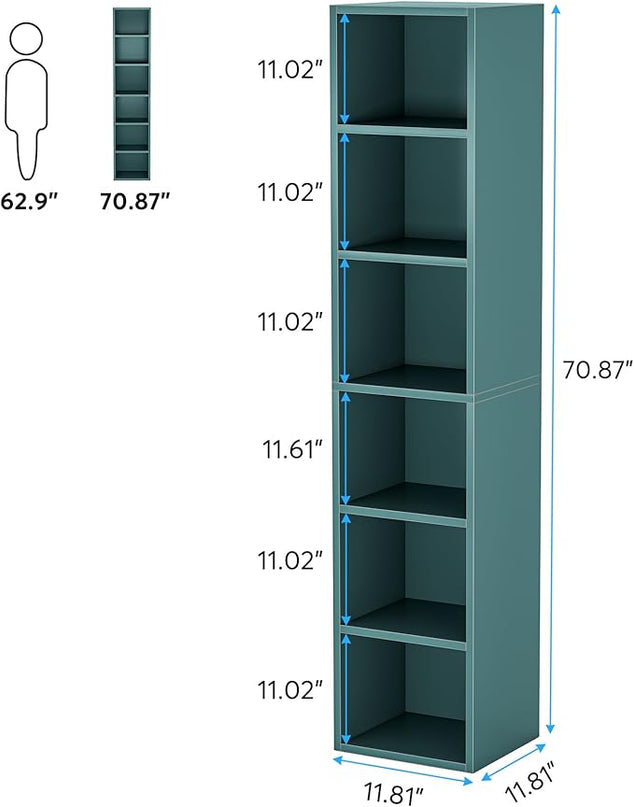 70.9 Inch Tall Narrow Bookcase, Corner Bookshelf 6 Tier Cube Display Shelf Storage Organizer for Small Space, Blue - LeafyLoom