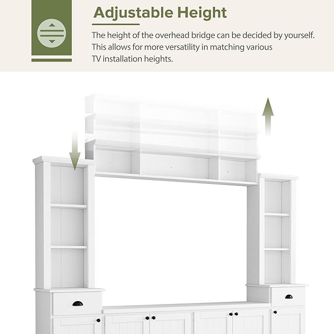 Merax Minimalist Entertainment Wall Unit Set with Bridge Ample Storage Space and Adjustable Shelves, TV Stand for Televisions Up to 75'', Modernist Large Media Console for Living Room, White - LeafyLoom