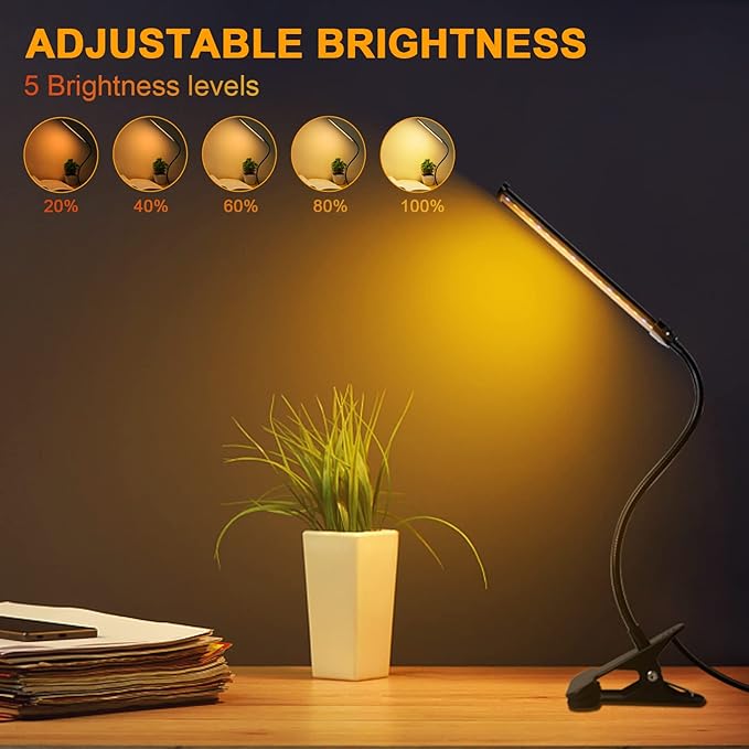 Desk Lamp for Office Home, 5W USB Amber LED Clip on Light, Flexible Gooseneck Clamp Light, 5 Brightness Levels, 4/8/12/18H Auto Timer, Eye-Caring Desk Light for Bedside Office,1600K Color (Metal) - LeafyLoom