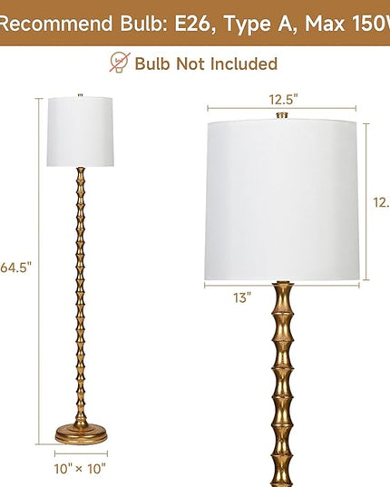 64.5" Gold Floor Lamp for Living Room, Gold Bamboo Floor Lamps for Bedroom, Tall Skinny Lamp for Home Decor, Mid Century Antique Floor Lamps with White Lampshade, Gold Standing Lamp for Corner - LeafyLoom