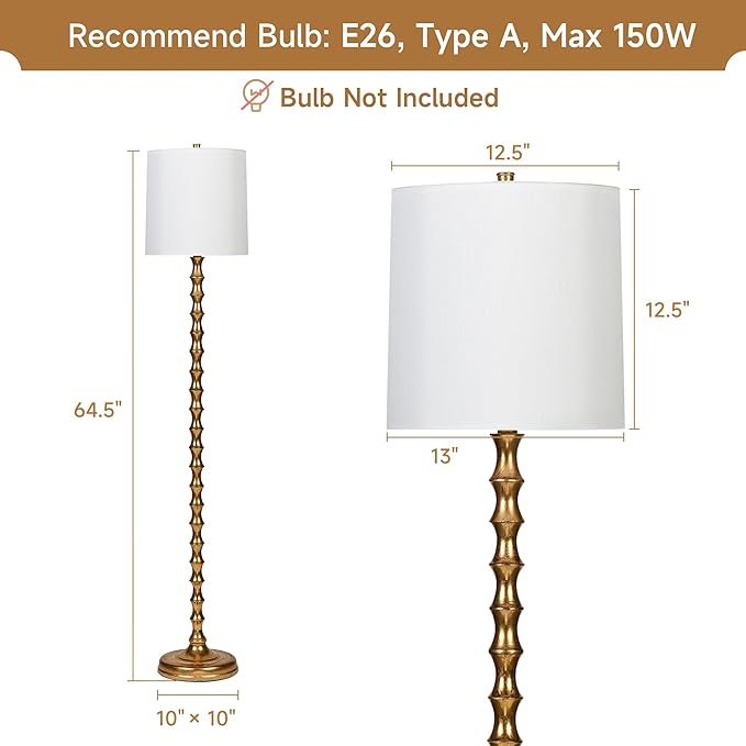64.5" Gold Floor Lamp for Living Room, Gold Bamboo Floor Lamps for Bedroom, Tall Skinny Lamp for Home Decor, Mid Century Antique Floor Lamps with White Lampshade, Gold Standing Lamp for Corner - LeafyLoom