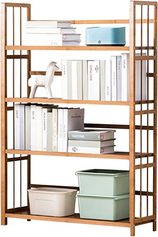 IOTXY Adjustable Bamboo Open Bookshelf - Medium 4-Tier Free Standing Storage Rack, Multifunctional Display Stand for Bookcase, Home and Office, Light Brown - LeafyLoom