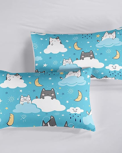 Cat Comforter Twin Size,Blue Cloud Cats Comforter Set for Kids Teens Girls Boys,3Pcs Bedding Set Printed Comforter with 2 Pillowcases,Down Alternative,Soft and Lightweight，Twin Size - LeafyLoom