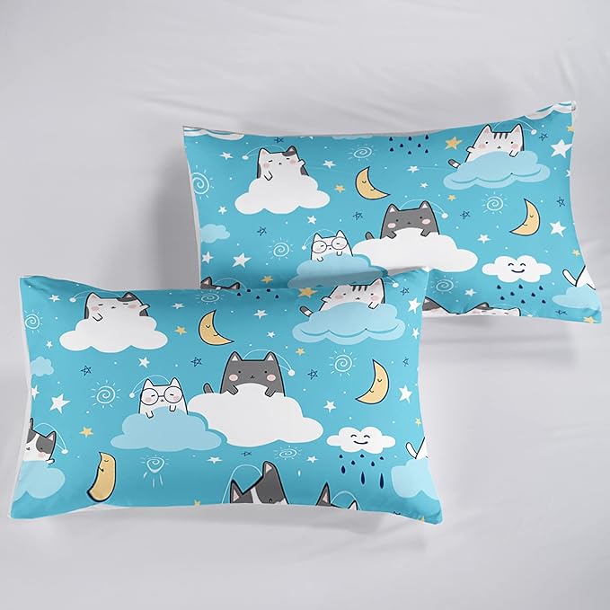 Cat Comforter King Size,Blue Cloud Cats Comforter Set for Kids Teens Girls Boys,3Pcs Bedding Set Printed Comforter with 2 Pillowcases,Down Alternative,Soft and Lightweight，King Size - LeafyLoom