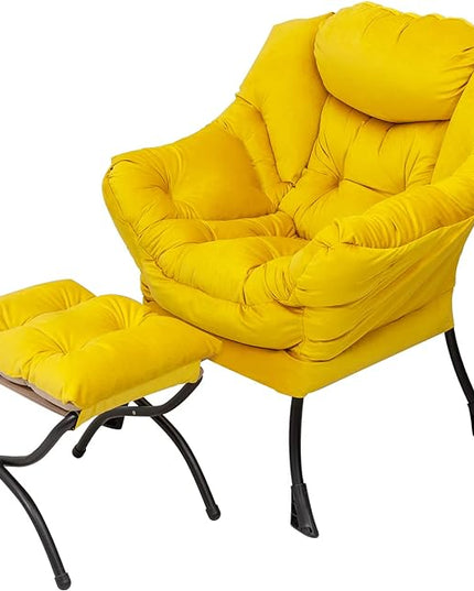 Welnow Lazy Chair with Ottoman, Modern Lounge Accent Chair with Armrests and a Side Pocket, Leisure Sofa Chair Set, Reading Chair with Footrest for Small Space, Corner Chair, Yellow - LeafyLoom