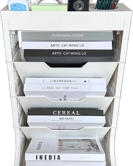 5 Tier Rolling Book Utility Cart, Removable Movable Bookshelf Organizer with Wheels, Storage Book Shelves, Book Rack, Mobile White Bookcase for Study in Classroom Home School Office - LeafyLoom