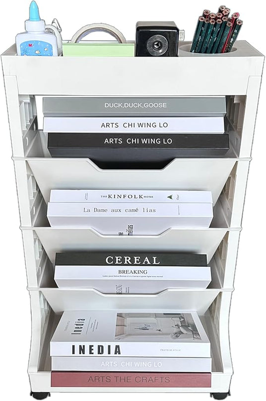 5 Tier Rolling Book Utility Cart, Removable Movable Bookshelf Organizer with Wheels, Storage Book Shelves, Book Rack, Mobile White Bookcase for Study in Classroom Home School Office - LeafyLoom
