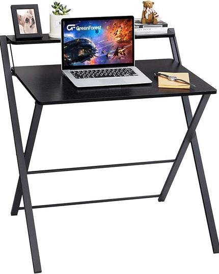 GreenForest Folding Desk No Assembly Required Large Size, 2-Tier Foldable Computer Desk with Shelf for Home Office, Space Saving Portable Laptop Study Foldable Table for Bedroom, Black - LeafyLoom
