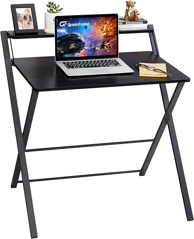 GreenForest Folding Desk No Assembly Required Large Size, 2-Tier Foldable Computer Desk with Shelf for Home Office, Space Saving Portable Laptop Study Foldable Table for Bedroom, Black - LeafyLoom