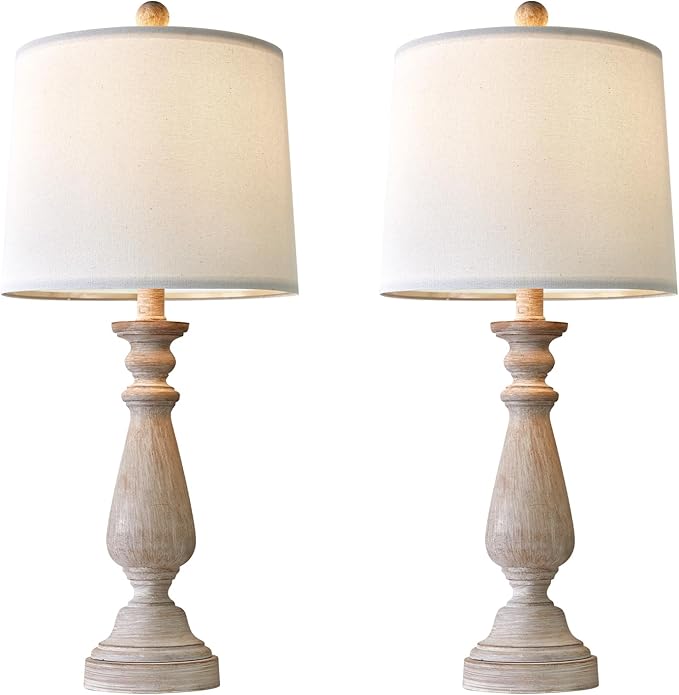 PORTRES 24.5" Mid Century Table Lamp Set of 2 for Living Room Farmhouse Linen Bedside Lamps for Bedroom Kids Room Dorm Office Rustic Lamps for End Table Nigntstand Resin - LeafyLoom