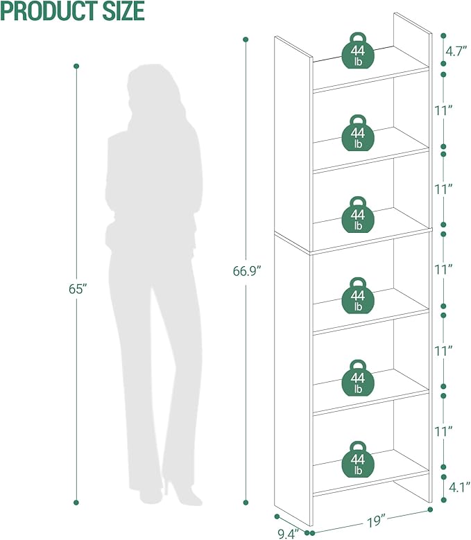 6-Tier Bookshelf, 66.9 Inches Floor Standing Bookcase, Display Storage Shelf, Corner Shelf, Home Decor Furniture for Home Office, Living Room, Bedroom, Black 01104XBC - LeafyLoom